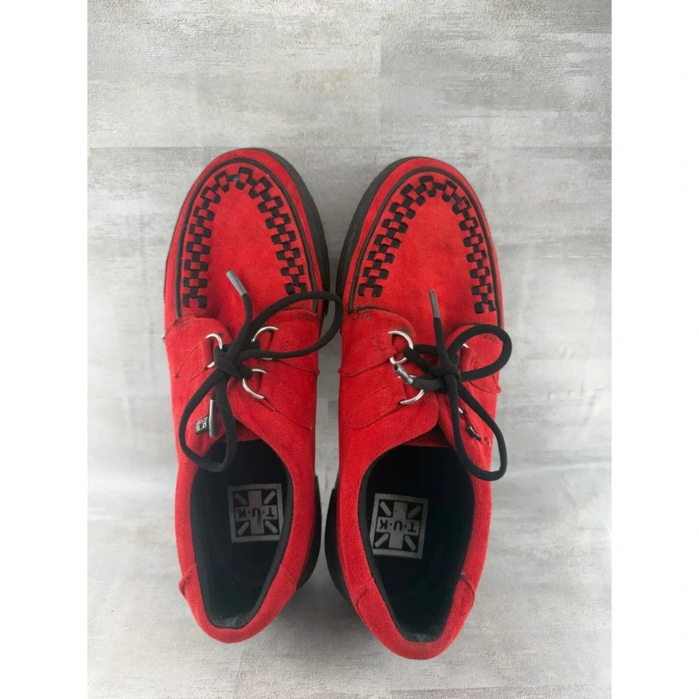 T.U.K. Red Suede Creeper Sneakers Black Interwoven Platform A3144 Men Sz 9